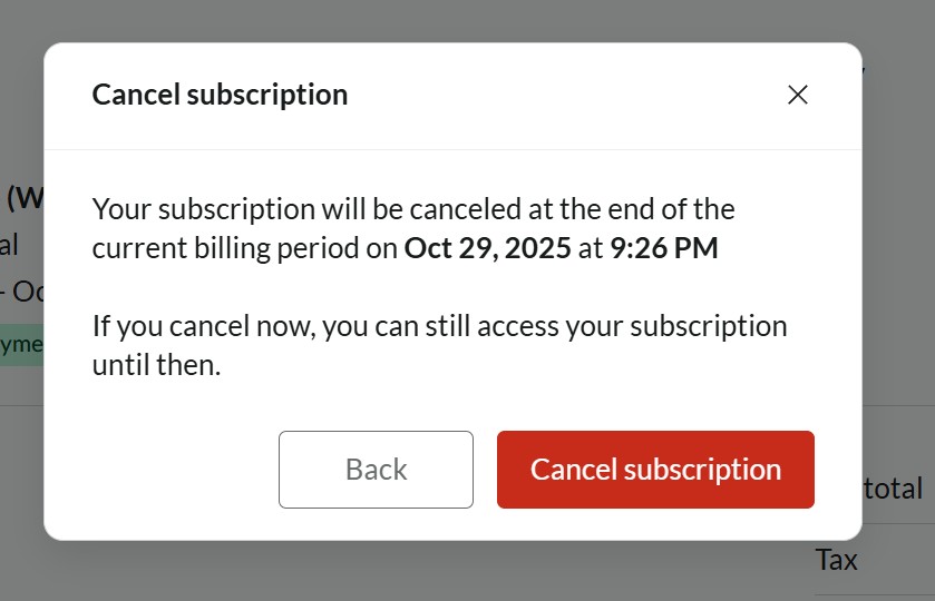 Cancel subscription modal window