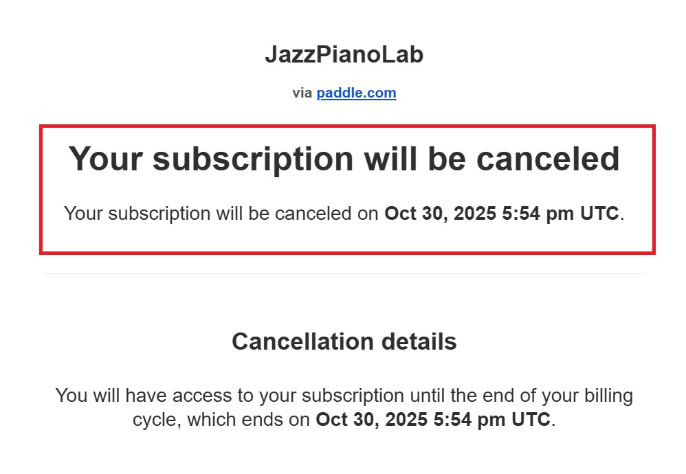 Scheduled subscription cancellation confirmation email