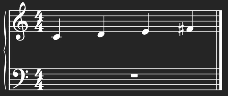 Showing the whole step distance between C and D, and E and F♯.
